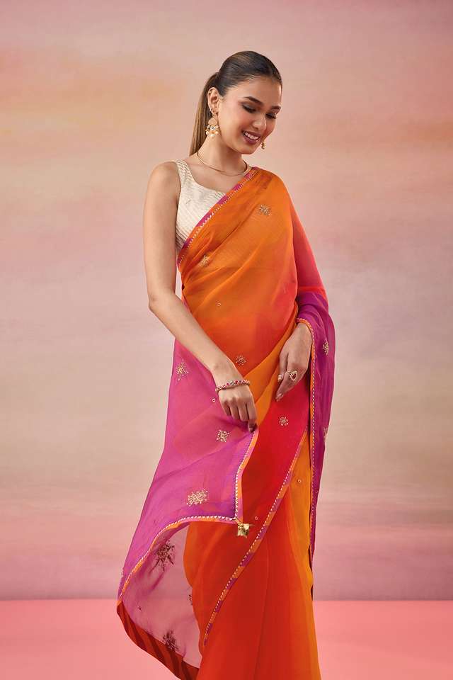 Orange Viscose Organza Embroidered Saree thumbnail image number null