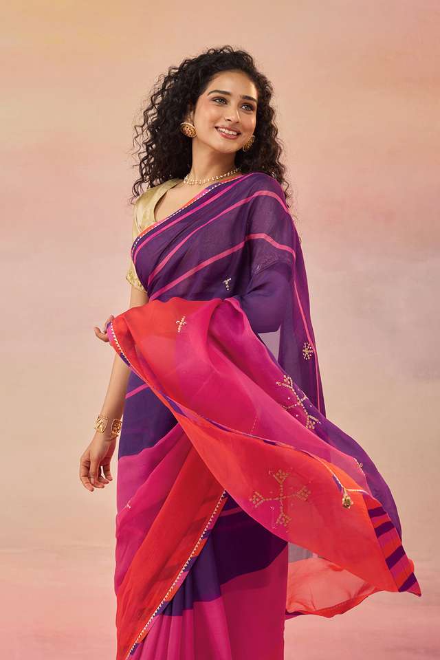 Multi Viscose Organza Embroidered Saree thumbnail image number null