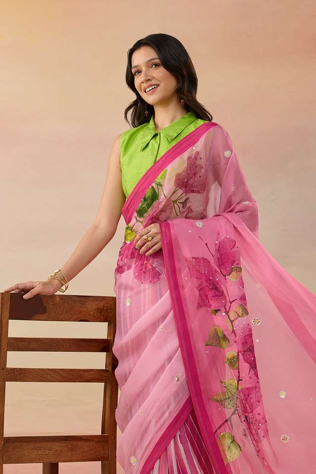 Pink Viscose Organza Embroidered Saree image number