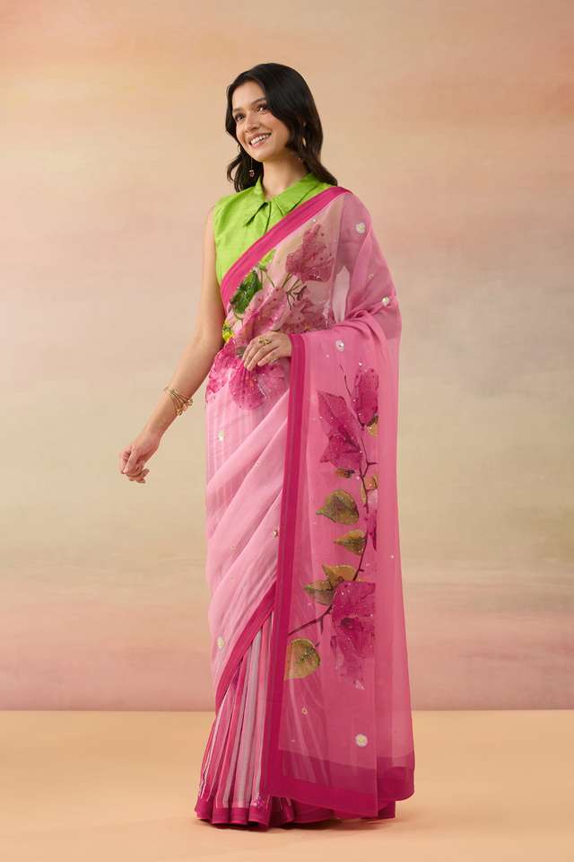 Pink Viscose Organza Embroidered Saree thumbnail image number null