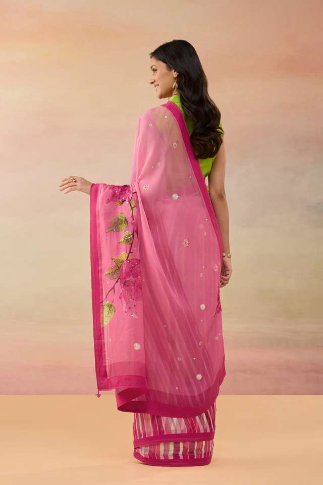 Pink Viscose Organza Embroidered Saree thumbnail image number null
