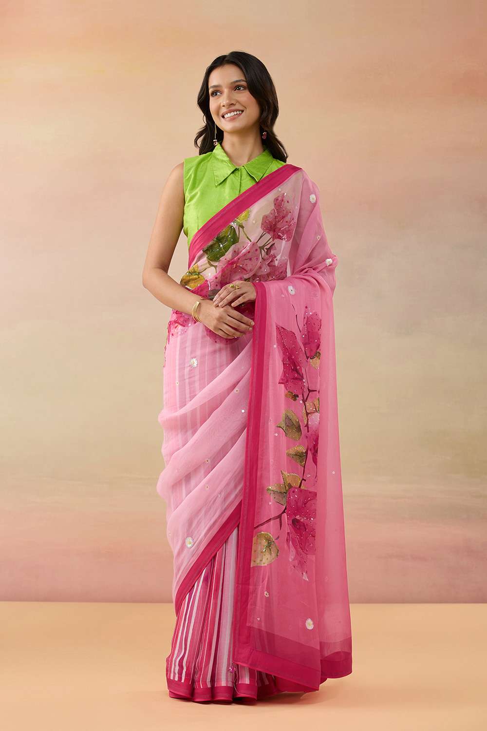 Pink Viscose Organza Embroidered Saree image number null