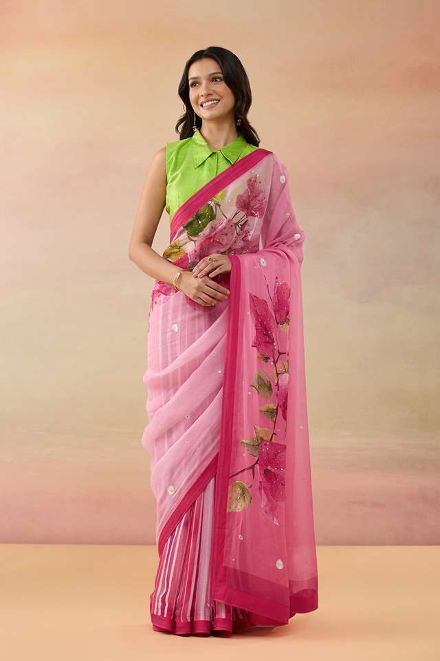 Pink Viscose Organza Embroidered Saree thumbnail image number null