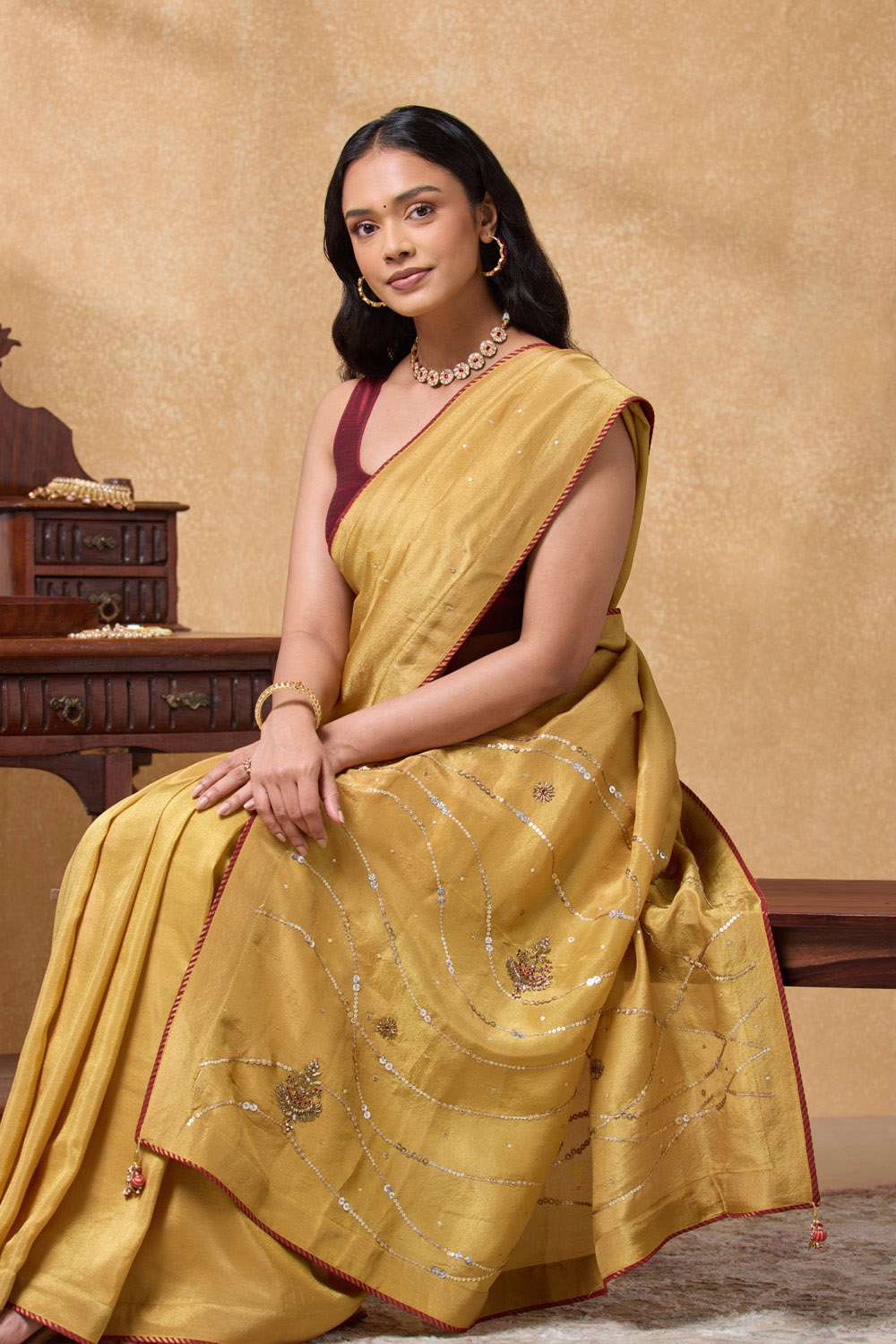 Yellow Viscose Tissue Embroidered Saree image number null