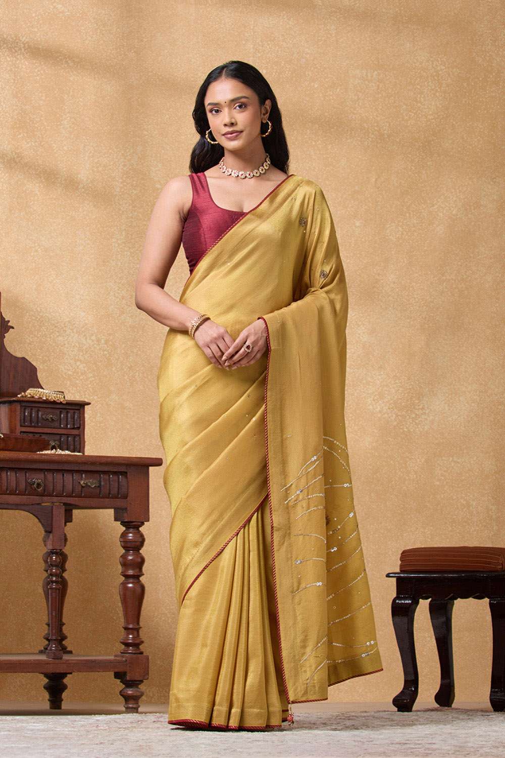 Yellow Viscose Tissue Embroidered Saree image number null