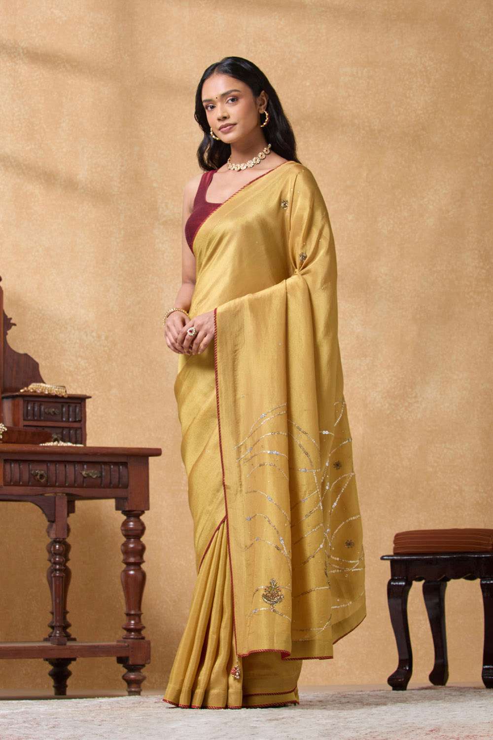 Yellow Viscose Tissue Embroidered Saree image number null