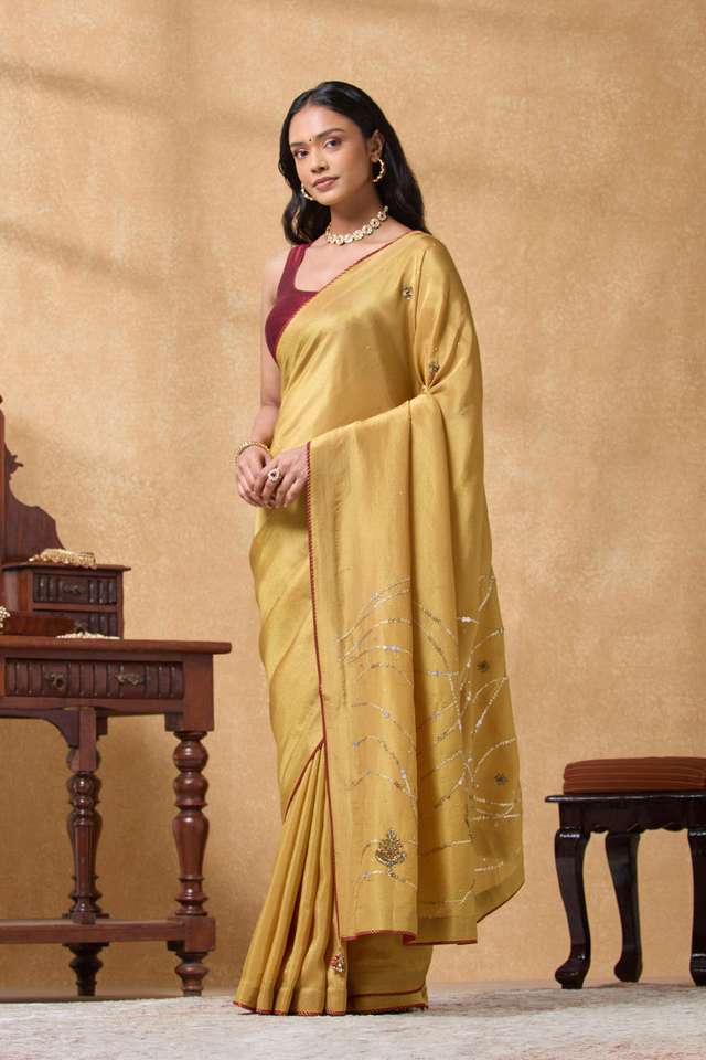 Yellow Viscose Tissue Embroidered Saree thumbnail image number null