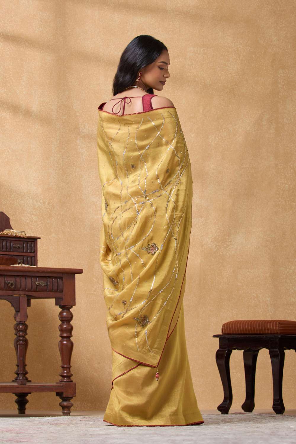 Yellow Viscose Tissue Embroidered Saree image number null
