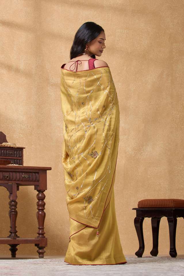 Yellow Viscose Tissue Embroidered Saree thumbnail image number null