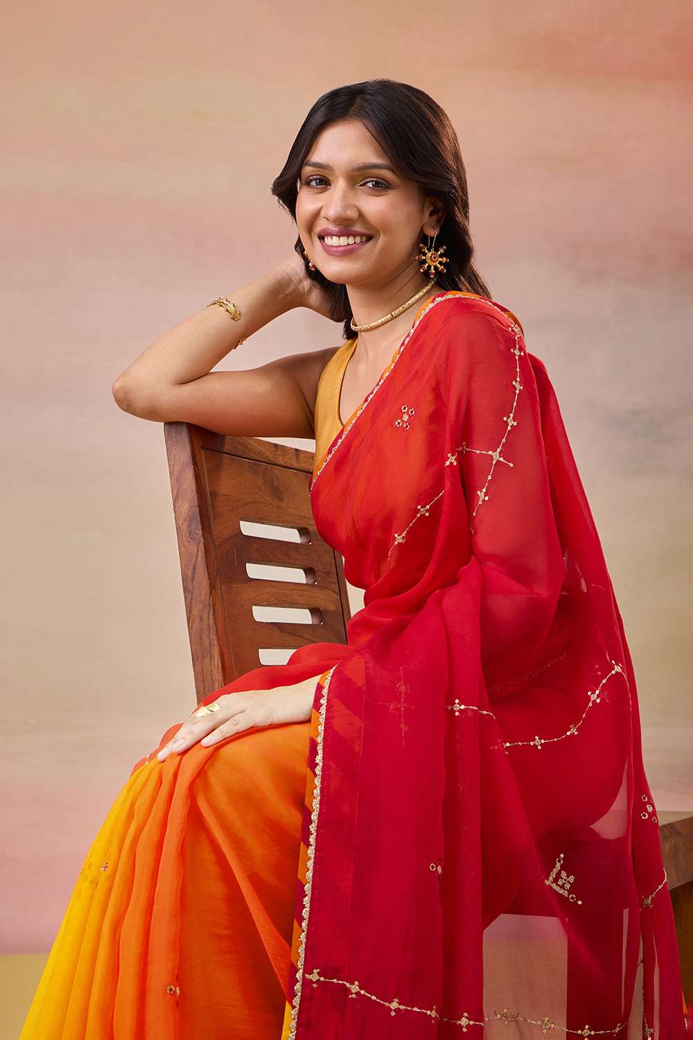 Orange Viscose Organza Embroidered Saree image number null