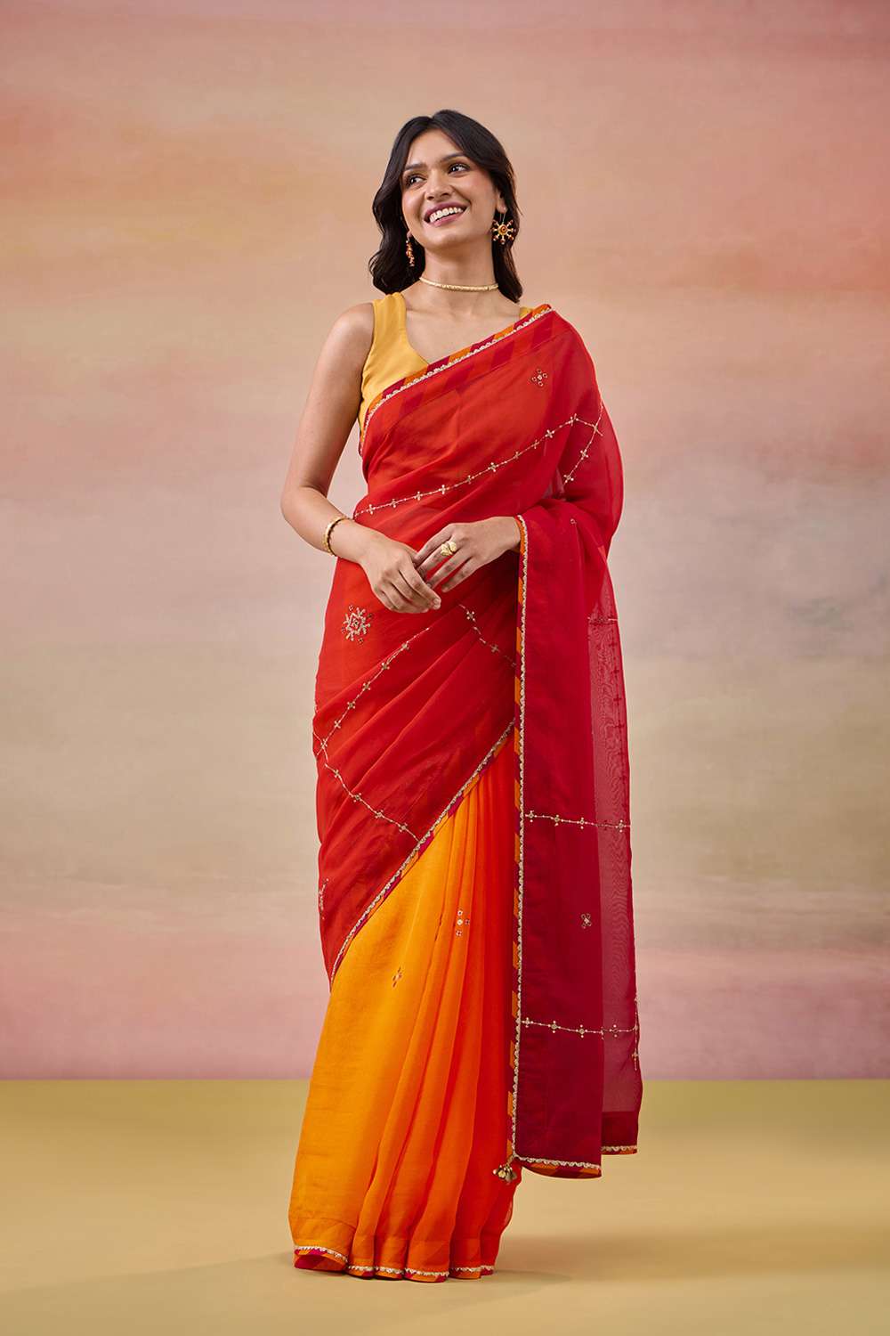 Orange Viscose Organza Embroidered Saree image number null