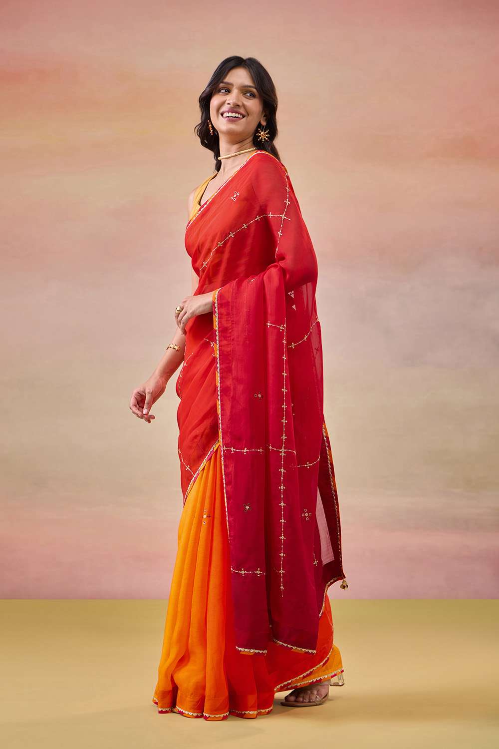 Orange Viscose Organza Embroidered Saree image number null