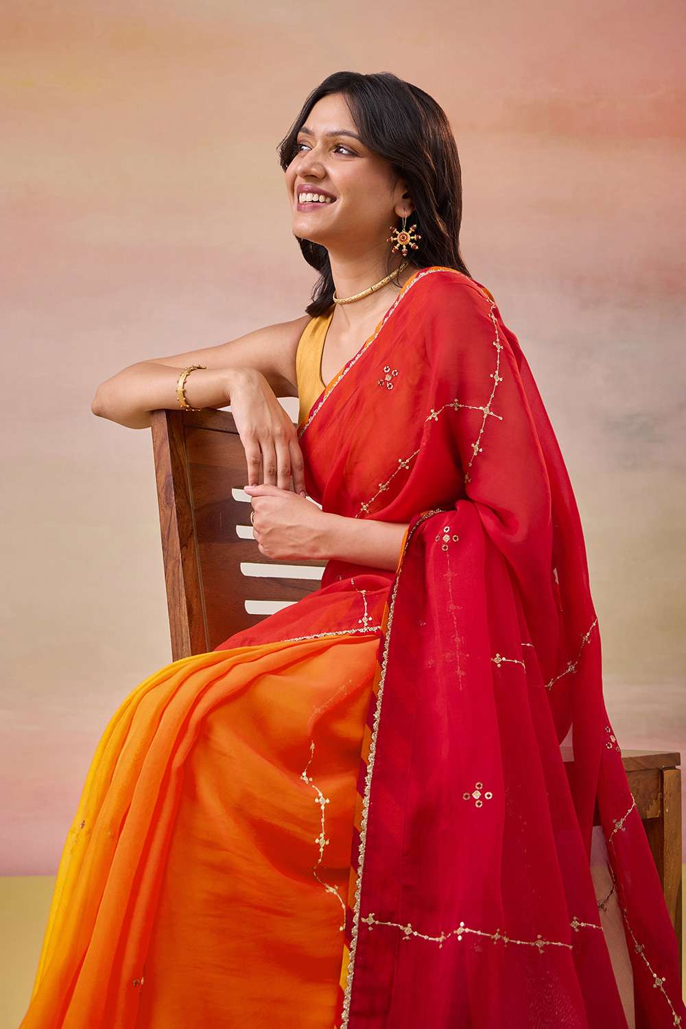 Orange Viscose Organza Embroidered Saree image number null