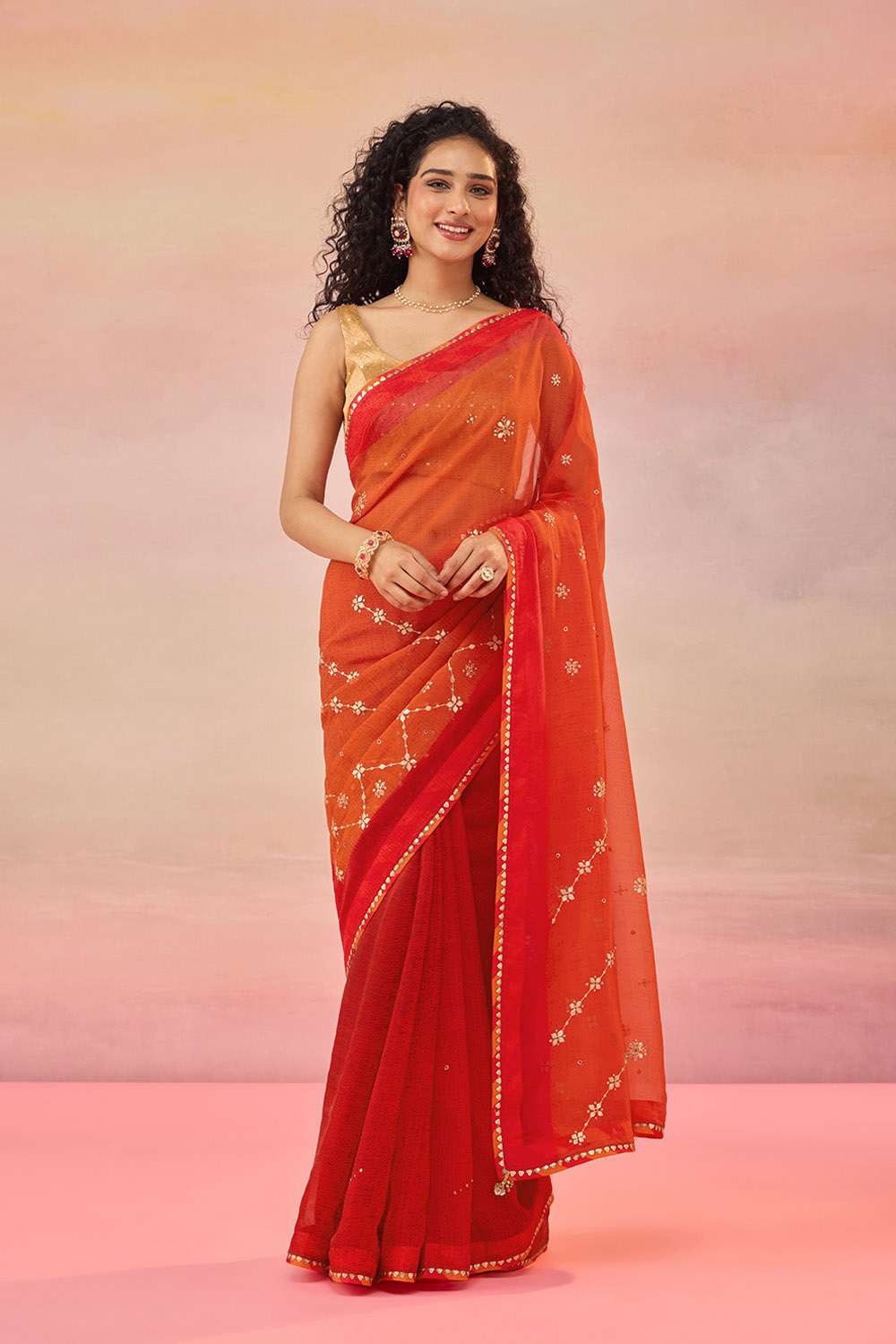 Red Viscose Organza Gota Patti Embroidered Saree image number null