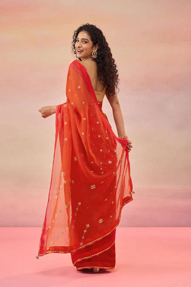 Red Viscose Organza Gota Patti Embroidered Saree thumbnail image number null