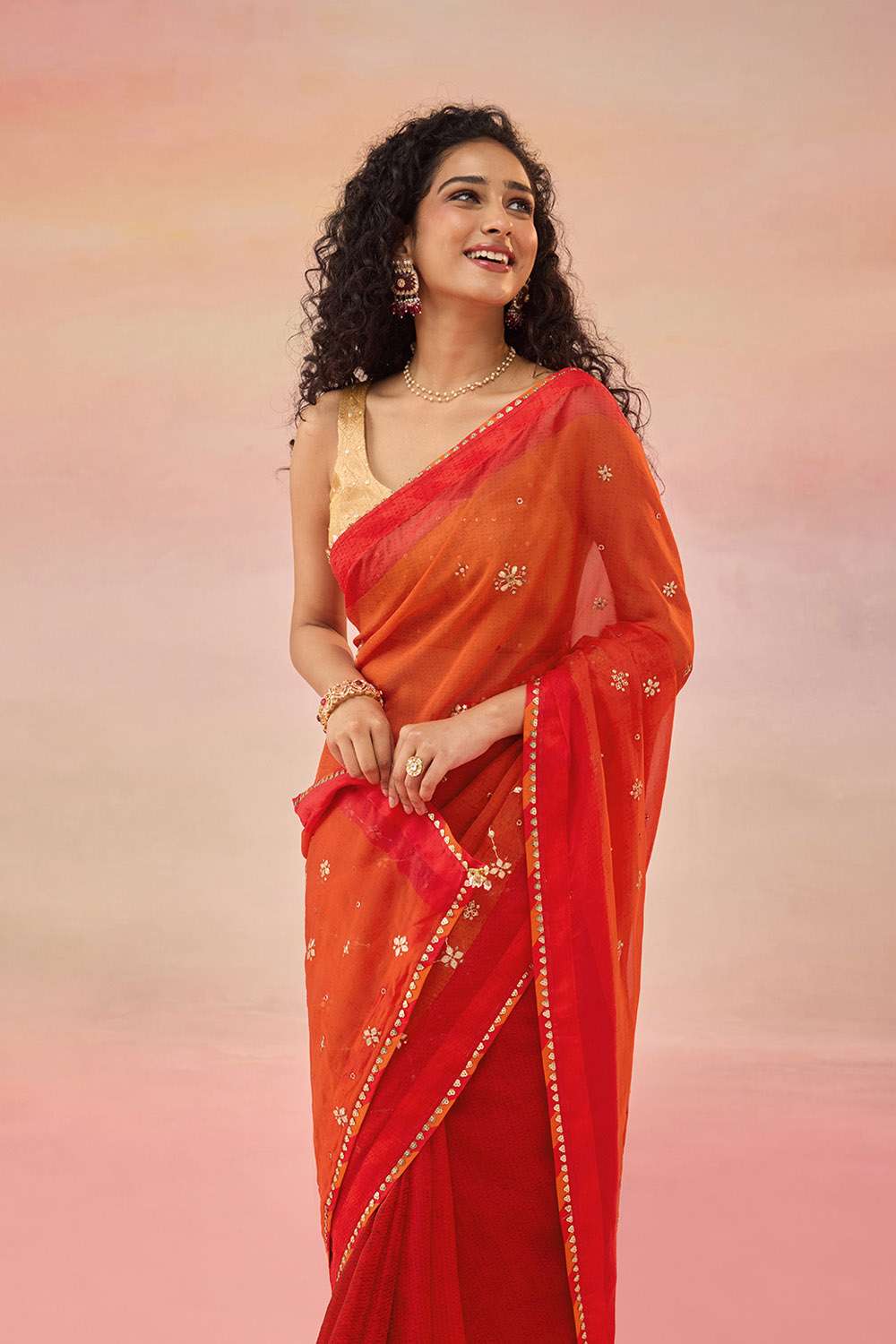 Red Viscose Organza Gota Patti Embroidered Saree image number null