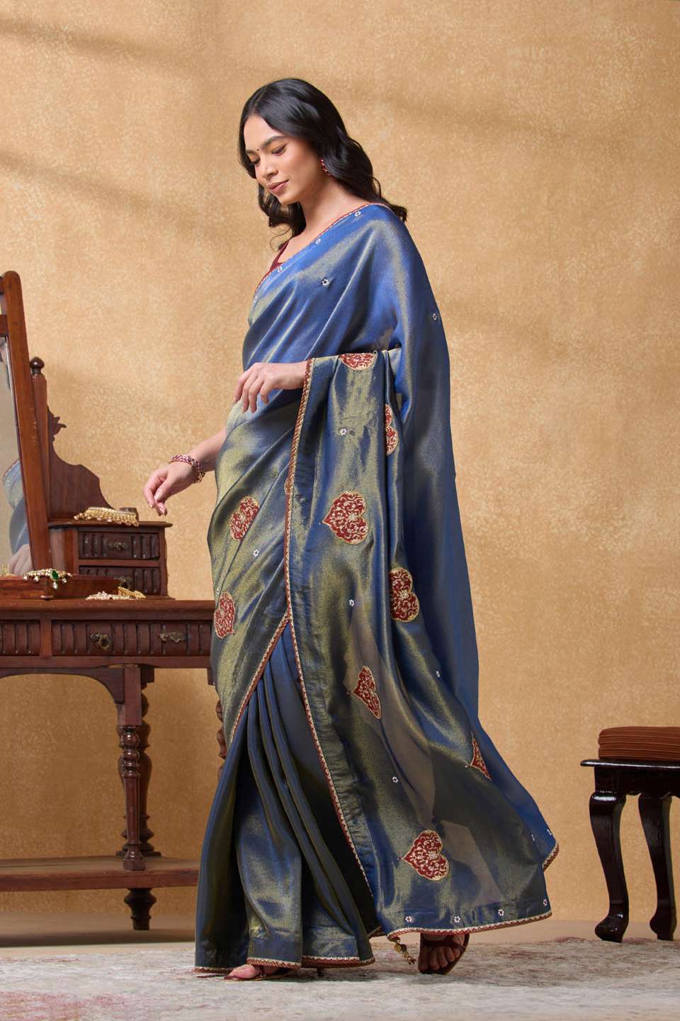 Blue Viscose Tissue Embroidered Saree