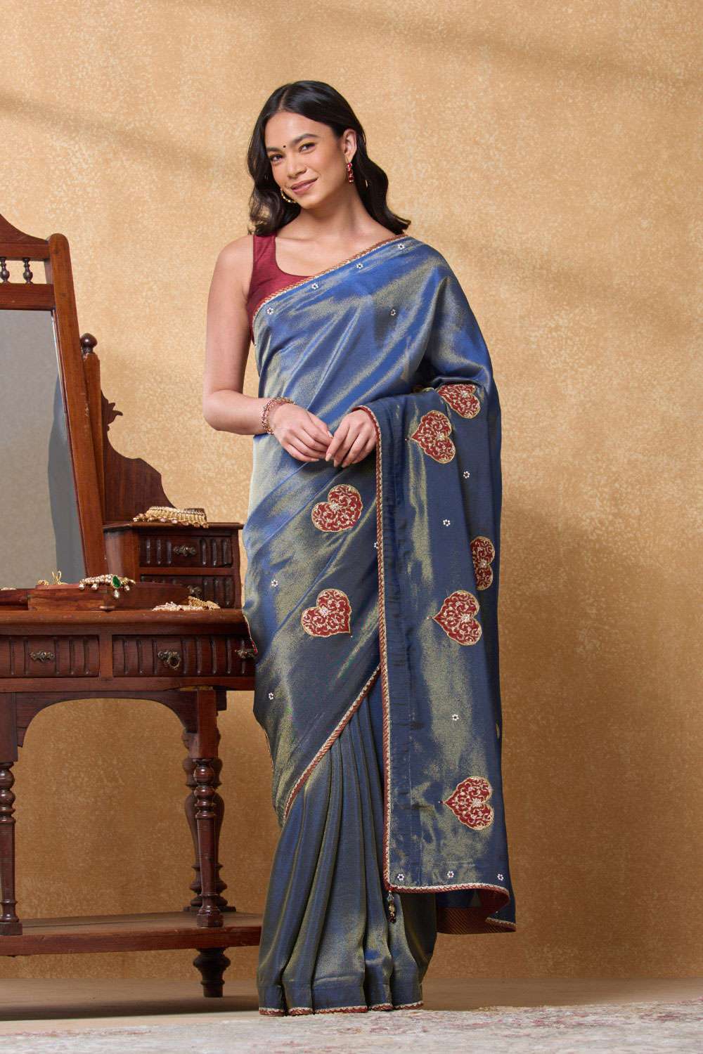 Blue Viscose Tissue Embroidered Saree image number null