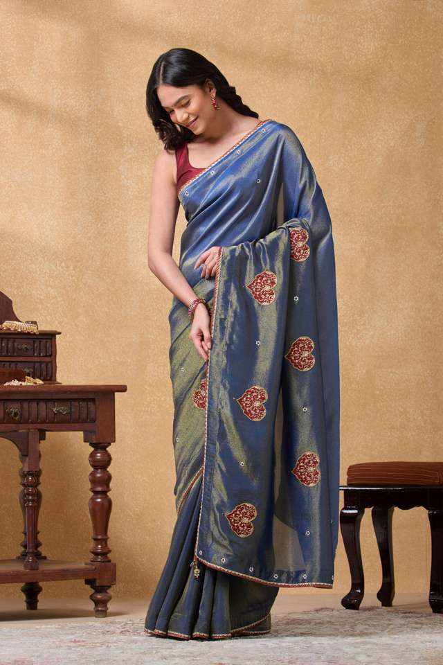 Blue Viscose Tissue Embroidered Saree thumbnail image number null