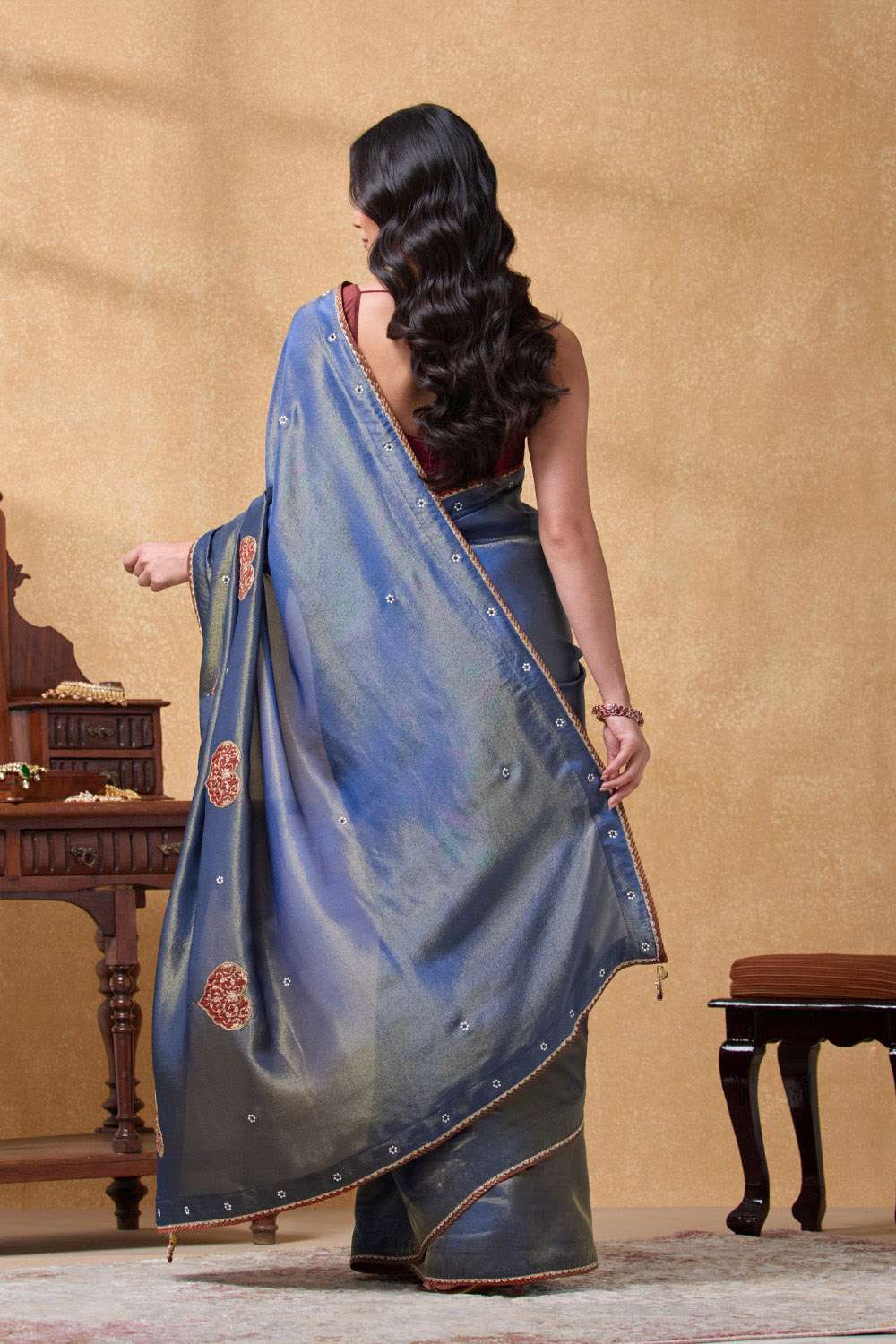 Blue Viscose Tissue Embroidered Saree image number null