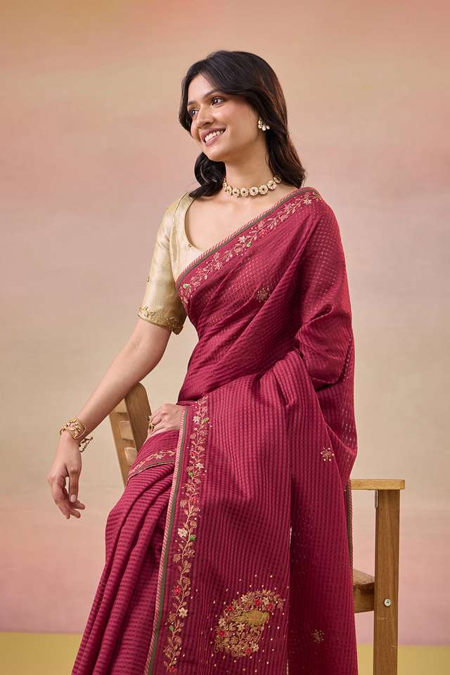 Dark Red Pure Silk Cotton Embroidered Saree image number