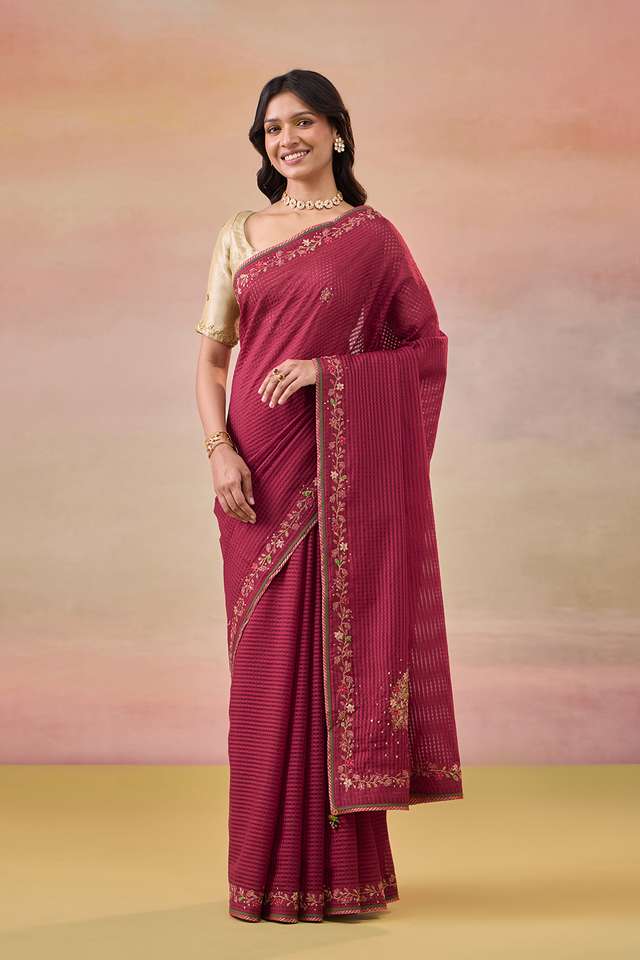 Dark Red Pure Silk Cotton Embroidered Saree thumbnail image number null