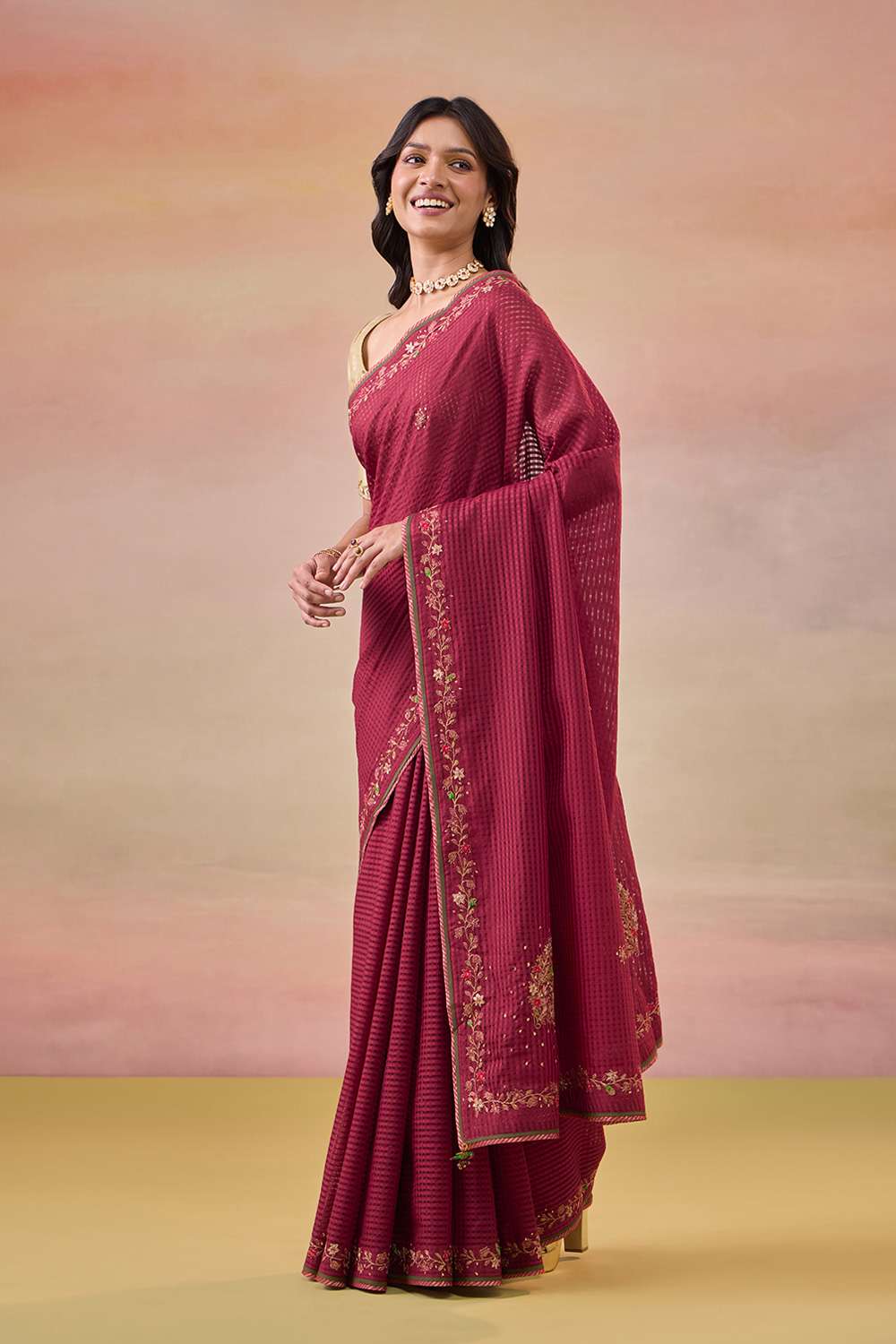 Dark Red Pure Silk Cotton Embroidered Saree image number null