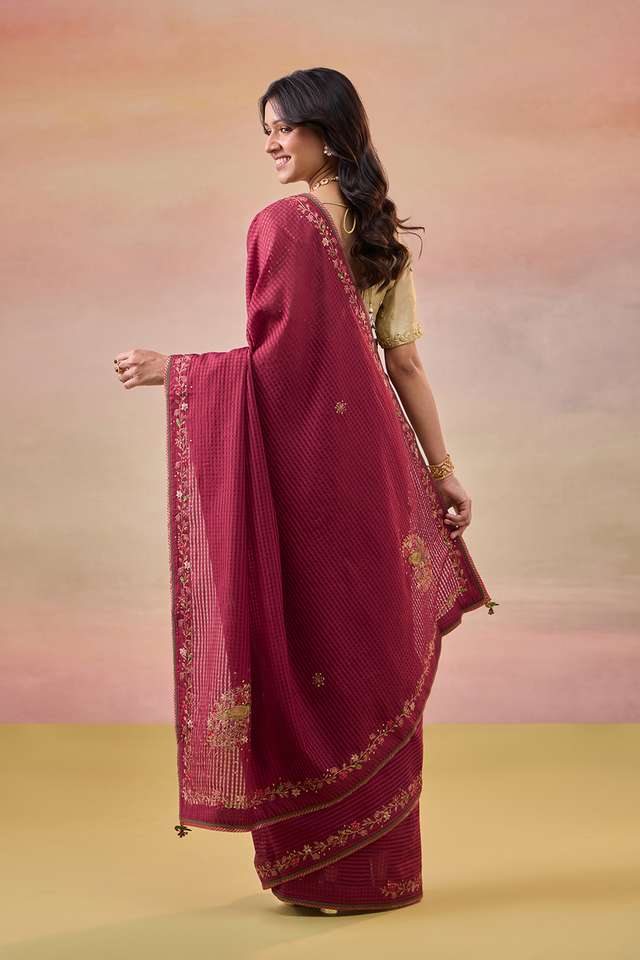 Dark Red Pure Silk Cotton Embroidered Saree thumbnail image number null