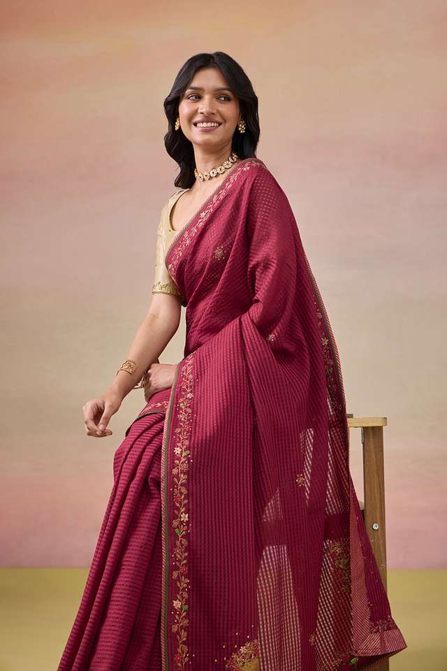 Dark Red Pure Silk Cotton Embroidered Saree thumbnail image number null