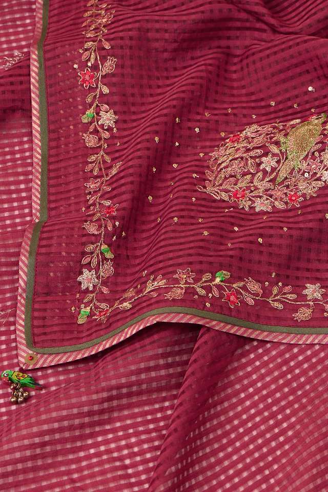 Dark Red Pure Silk Cotton Embroidered Saree thumbnail image number null