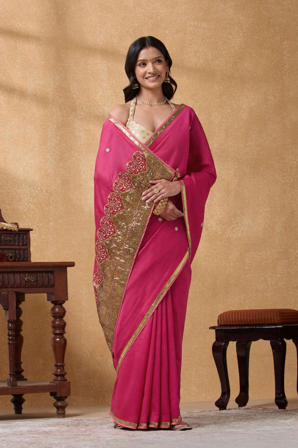 Pink Silk Muga Applique Embroidery Saree image number null