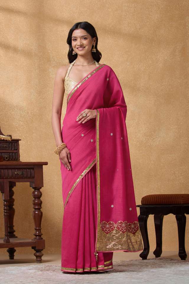 Pink Silk Muga Applique Embroidery Saree thumbnail image number null