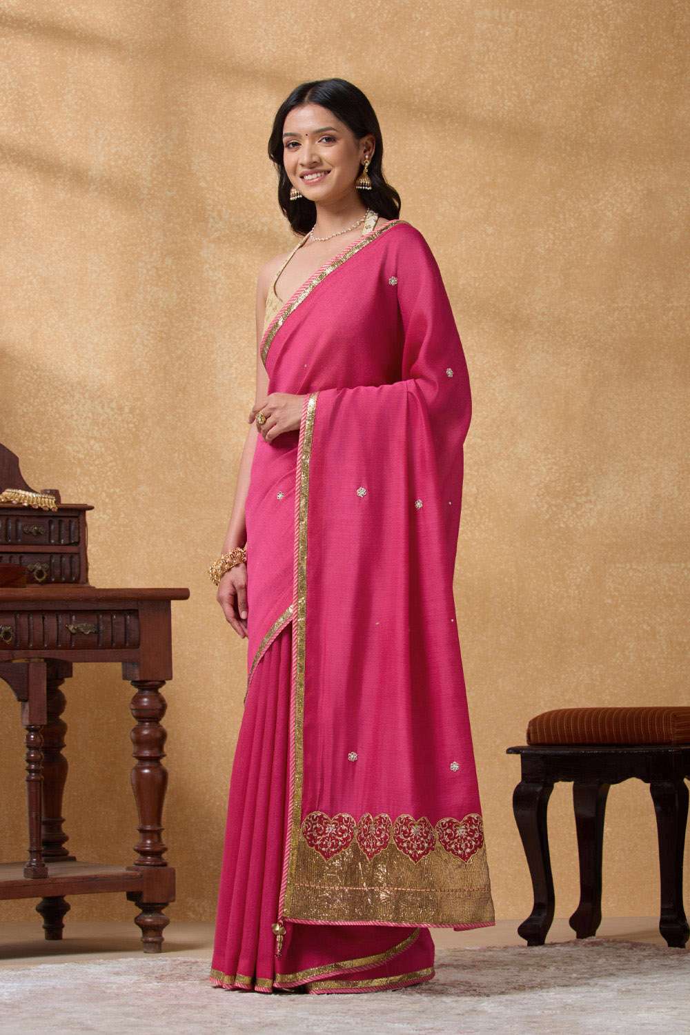 Pink Silk Muga Applique Embroidery Saree image number null