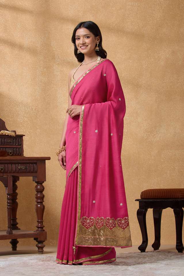 Pink Silk Muga Applique Embroidery Saree thumbnail image number null