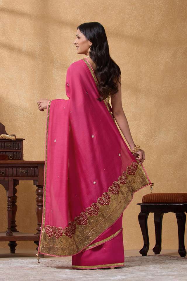 Pink Silk Muga Applique Embroidery Saree thumbnail image number null