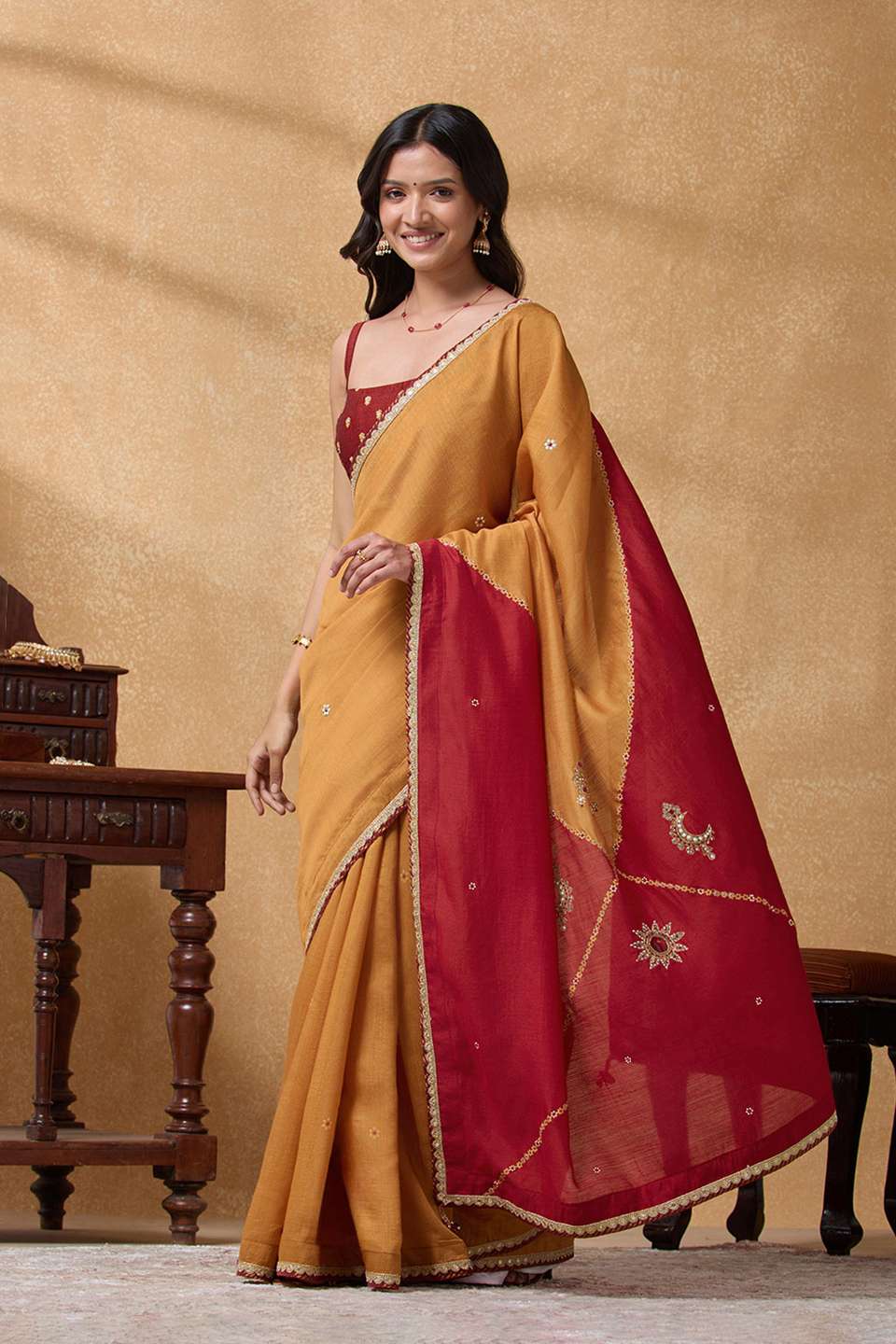 Orange Printed Silk Muga Saree