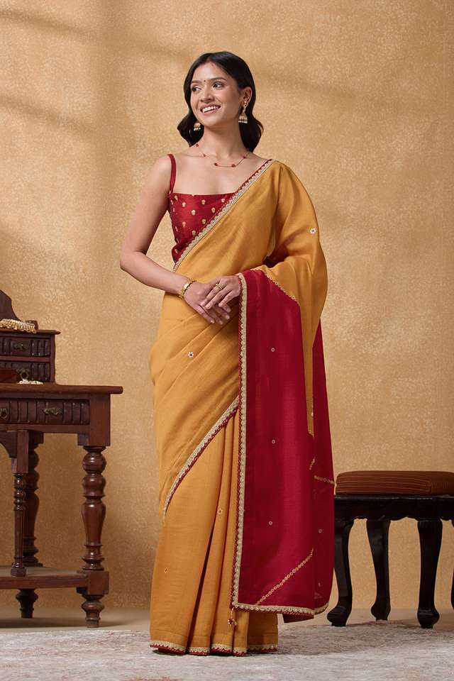 Orange Printed Silk Muga Saree thumbnail image number null