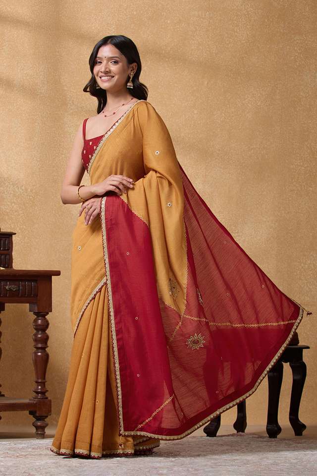 Orange Printed Silk Muga Saree thumbnail image number null