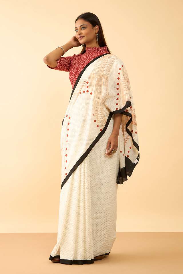 Off White Maharashtra Hand Painted Khadi Cotton Saree thumbnail image number null