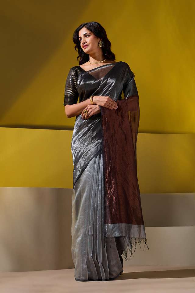Grey Woven Pure Silk Tissue Maheshwari Saree image number
