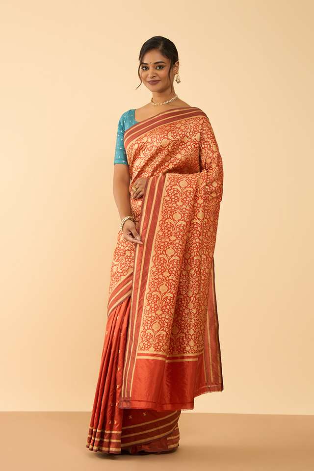 Dark Orange Pure Silk Cutwork Banarasi Saree image number
