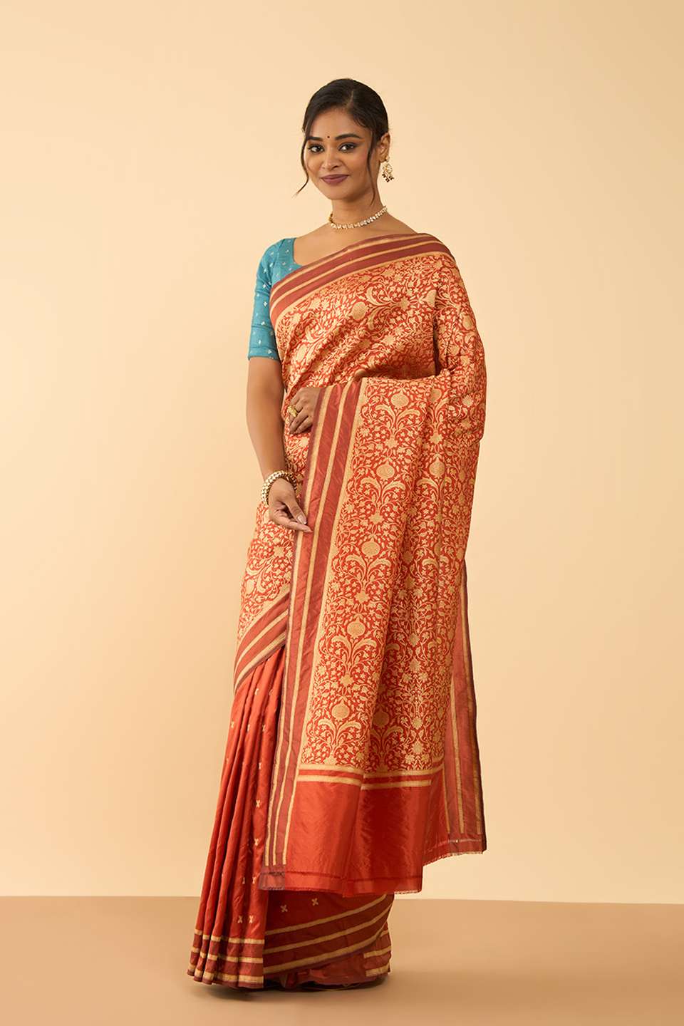 Dark Orange Pure Silk Cutwork Banarasi Saree