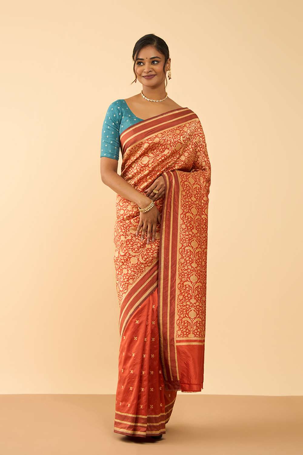 Dark Orange Pure Silk Cutwork Banarasi Saree image number null