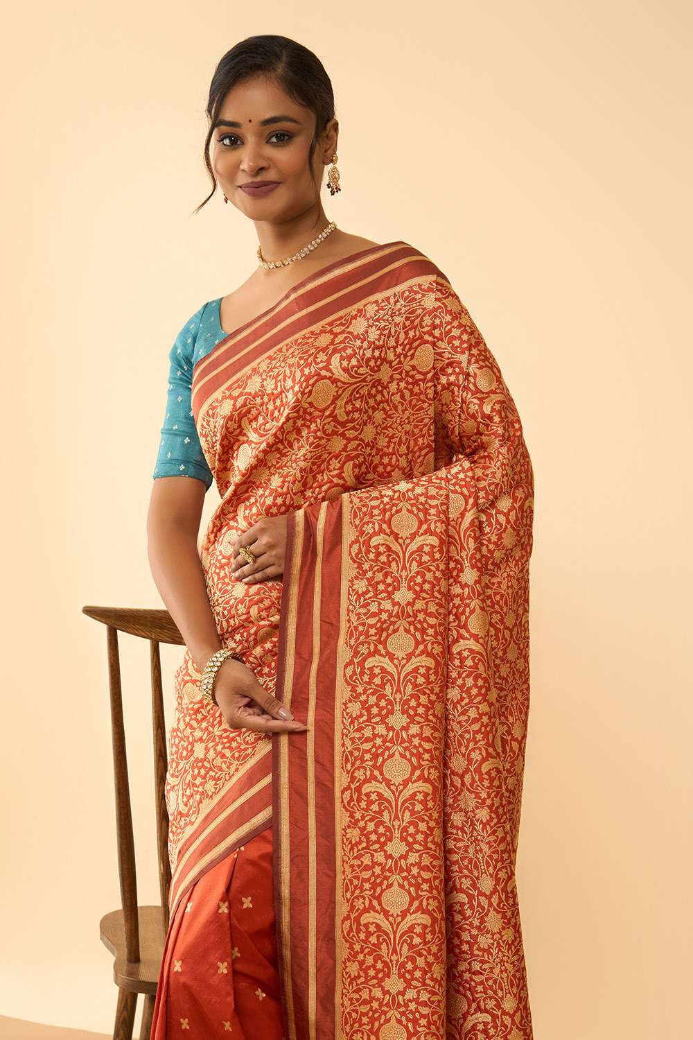Dark Orange Pure Silk Cutwork Banarasi Saree image number null
