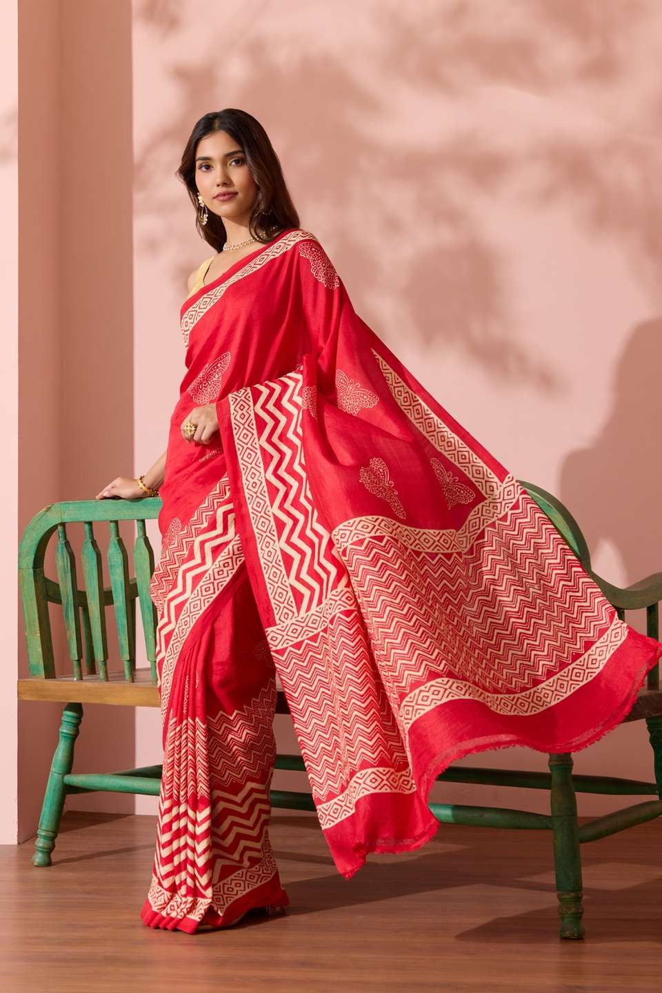 Red Pure Silk Block Printed Murshidabad Saree