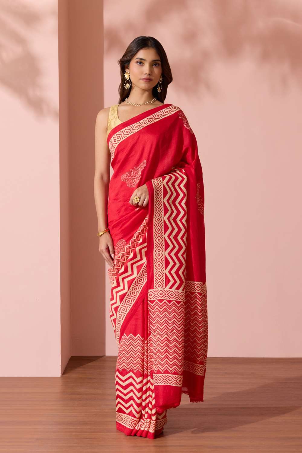 Red Pure Silk Block Printed Murshidabad Saree image number null