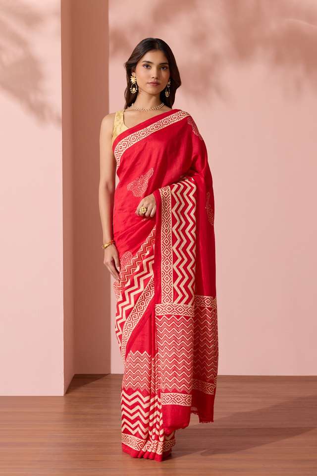 Red Pure Silk Block Printed Murshidabad Saree thumbnail image number null