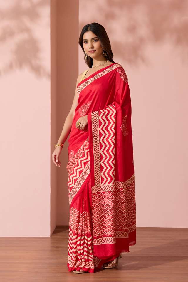 Red Pure Silk Block Printed Murshidabad Saree thumbnail image number null