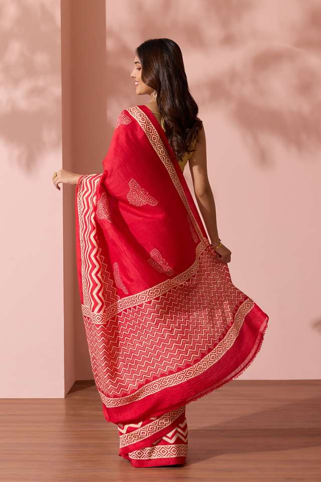 Red Pure Silk Block Printed Murshidabad Saree thumbnail image number null