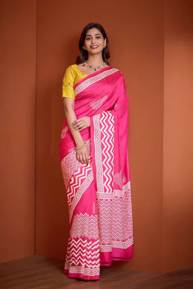 Dark Pink Pure Silk Murshidabad Block Printed Saree image number